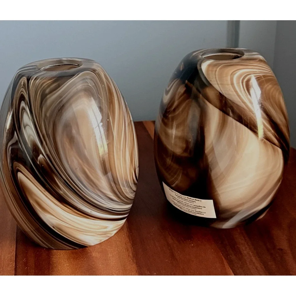 Pair Swirl Glass Pendant Lamp Shades Brown White Marbleized Bell Globes 6.5